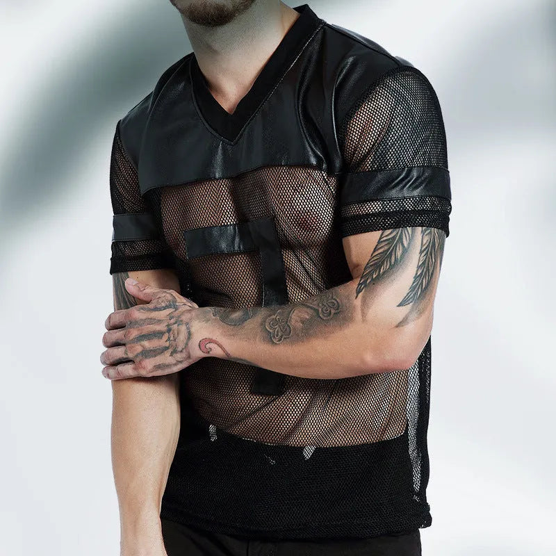 Black men's mesh sports T-shirt with V-neck and stitching collage detailing