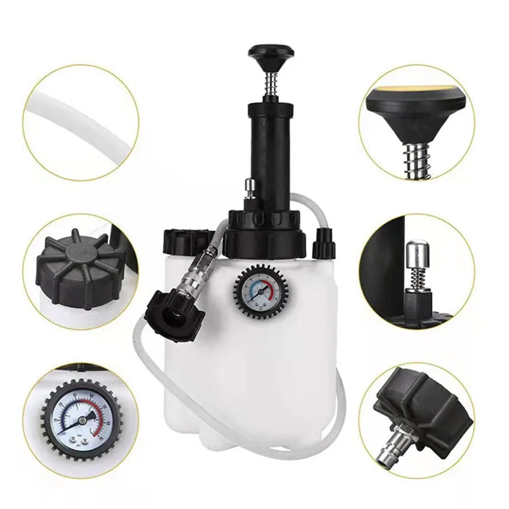 White 3-litre automobile brake oil tank replacement tool made from copper, iron, and plastic.