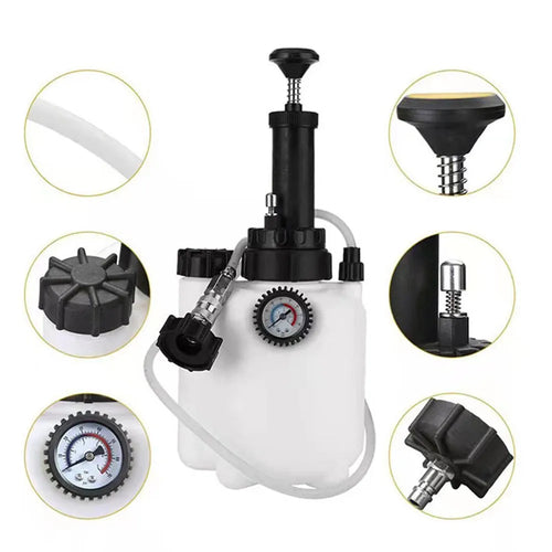 White 3-litre automobile brake oil tank replacement tool made from copper, iron, and plastic.