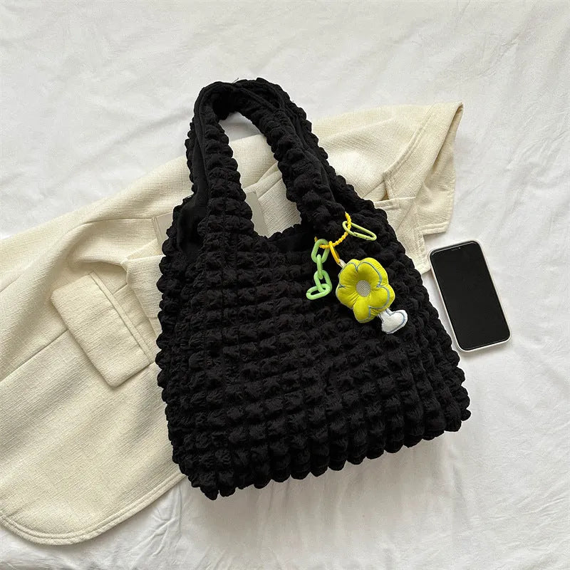 Women's pleated bubble shoulder bag in square vertical shape with three-dimensional pockets
