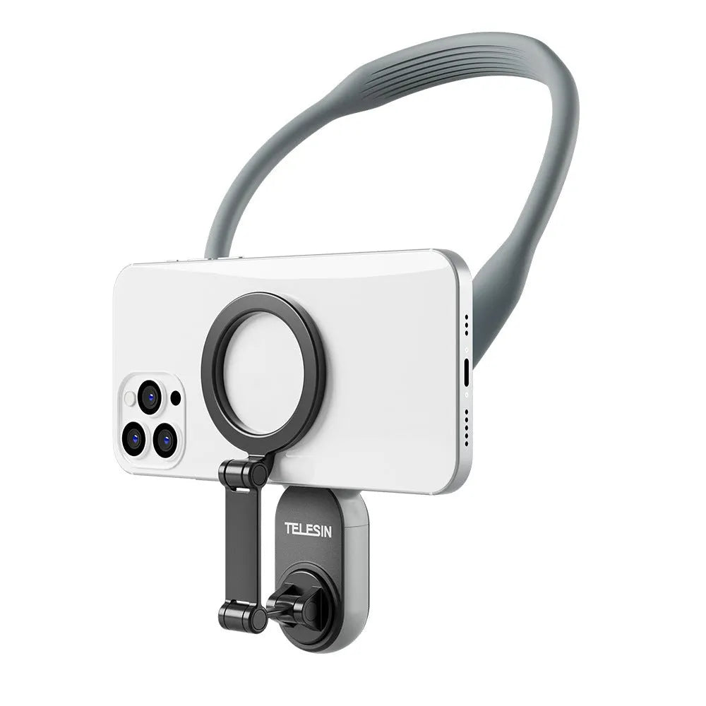 Grey silicone magnetic neck mount for mobile phones shown holding a phone in landscape orientation.