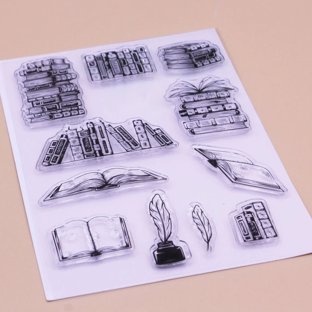 White transparent silicone hand account stamp measuring 11x16 cm with self-adhesive backing on a craft table