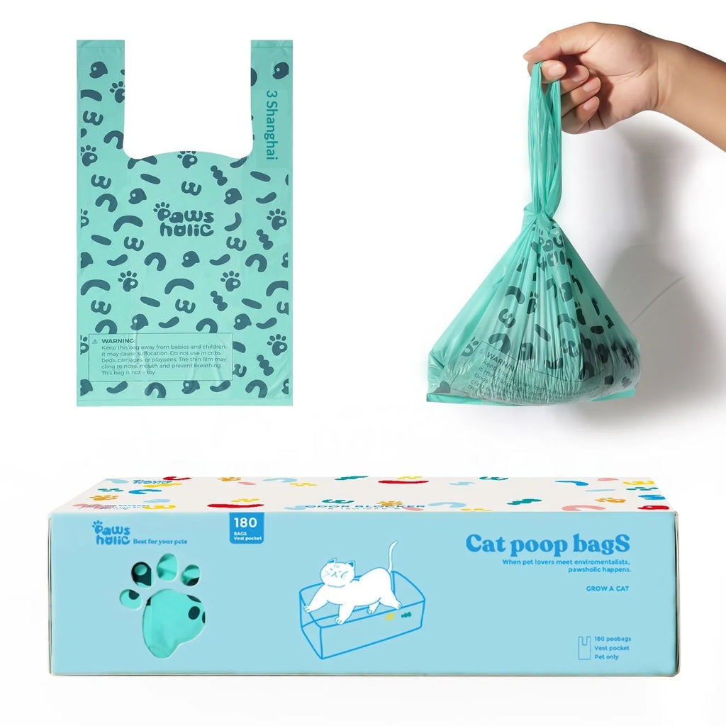 Blue deodorising cat litter bags for poop disposal with shovel compatibility, simple home style
