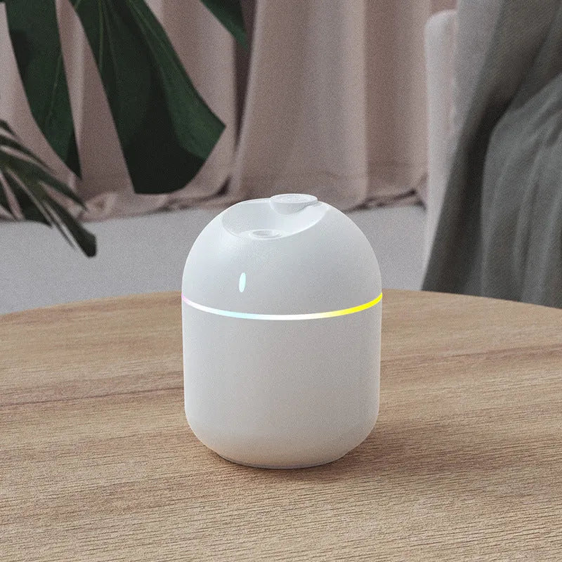 USB mini humidifier with colour light and water drop design in white plastic