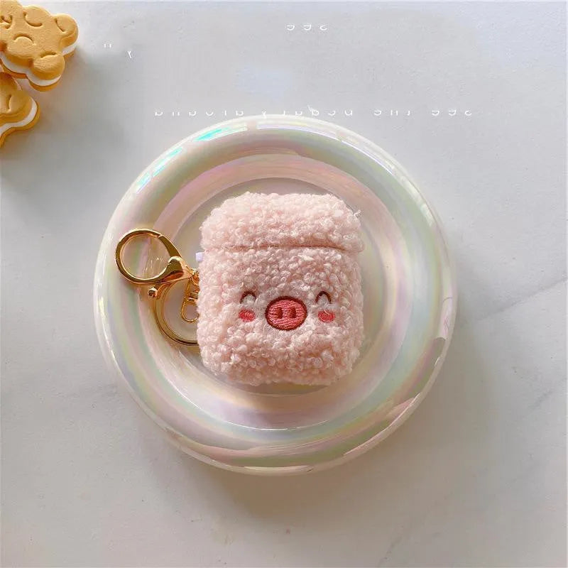 Beige plush pig flannel protective cover with bracelet for AirPods case, cartoon animal design