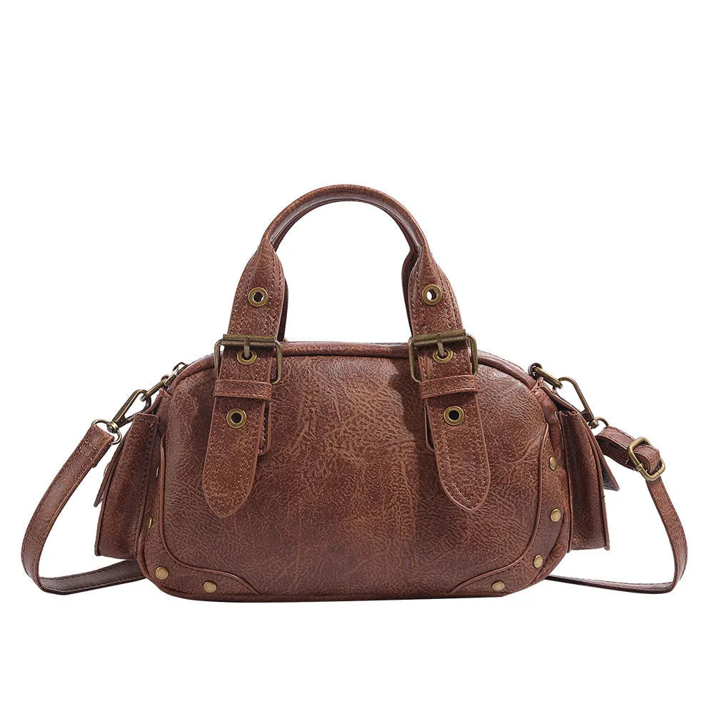 Brown artificial leather horizontal square crossbody motorcycle bag with retro styling
