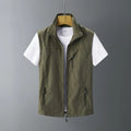 Men's slim-fit rabbit fur vest waistcoat with a hood in army green, shown on a model.
