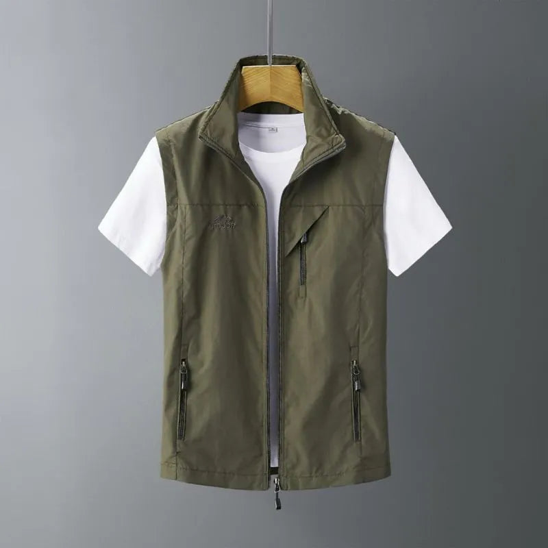 Men's slim-fit rabbit fur vest waistcoat with a hood in army green, shown on a model.