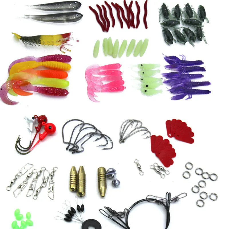 132 piece fishing lure suit set with soft baits and fishhooks in rose red colour