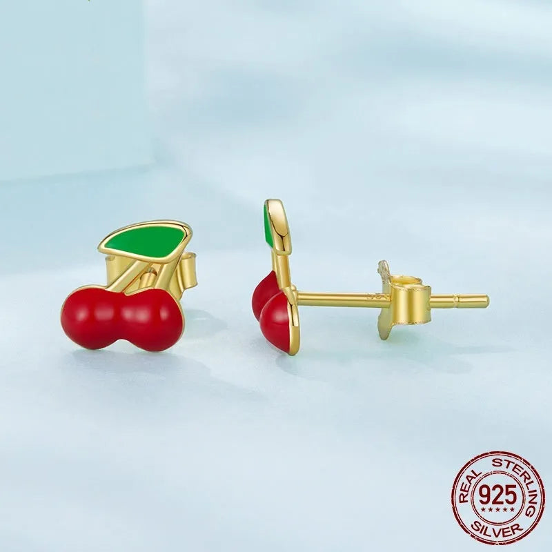 Pair of red small cherry stud earrings in 925 sterling silver with glossy dripping oil finish