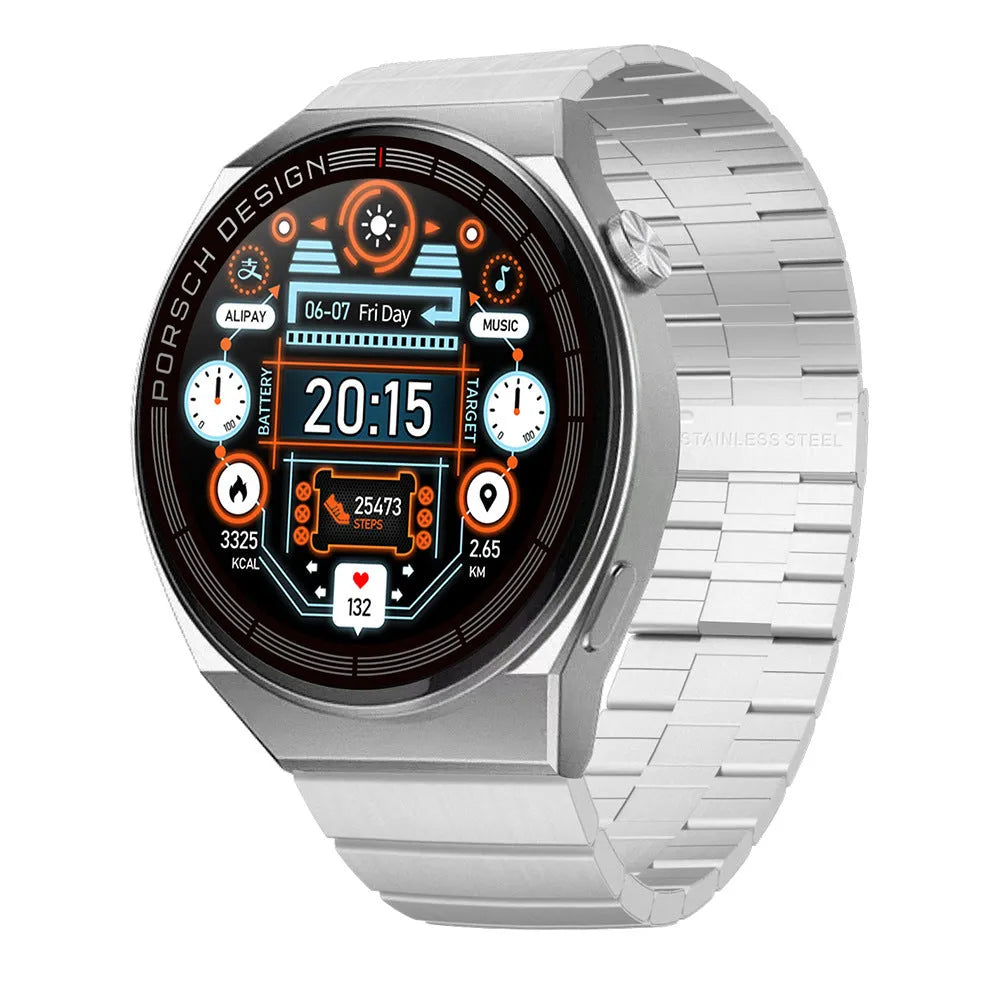 Smartwatch with black or silver case and choice of silicone, leather, or stainless steel strap on wrist