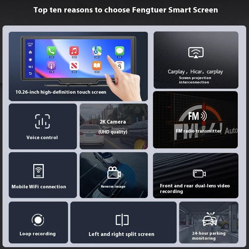 10-inch car smart screen with CarPlay and dual camera recording system