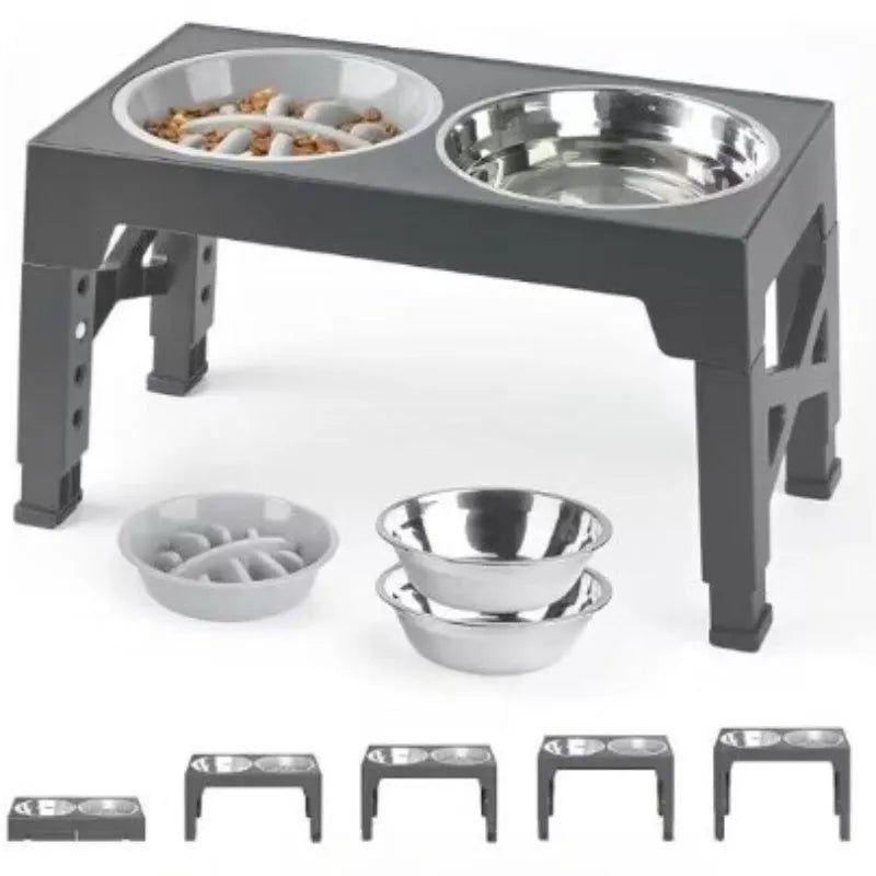 Black pet lifting feeding bowl with anti-tumble base and stainless steel double bowl for medium large dogs