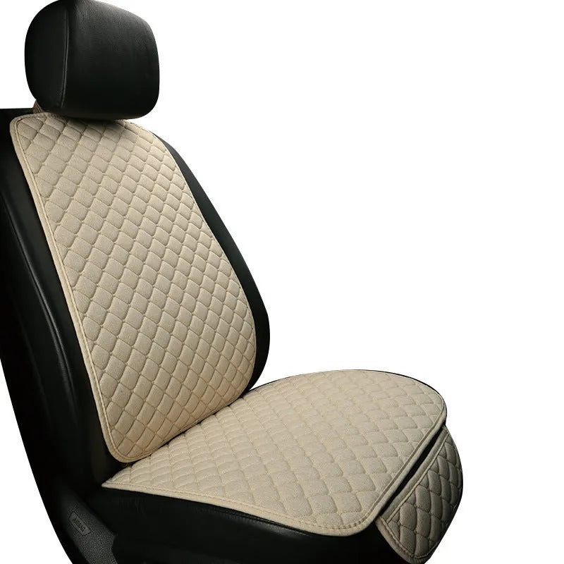Linen car seat cushion with elastic securing straps in multiple colour options