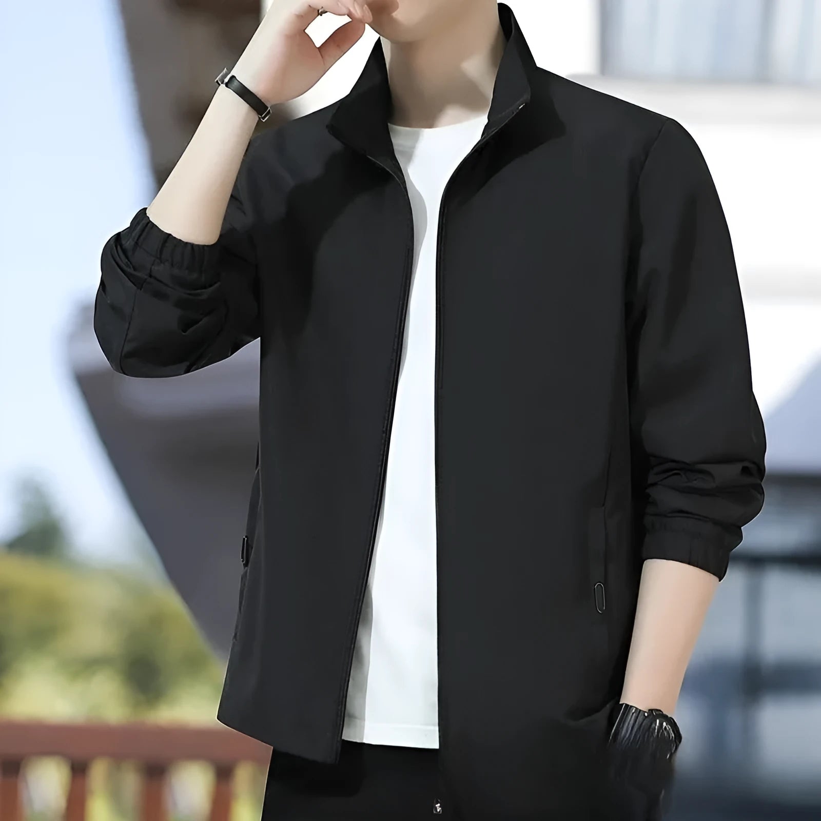 Korean style loose lapel casual jacket in black, lightweight polyester blend construction with zipper closure