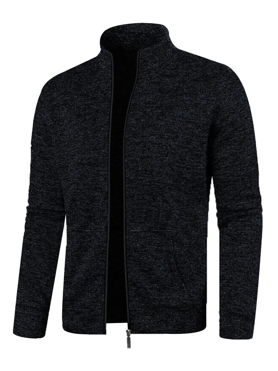 Men's long zipper light fleece jacket in black, loose fit, cardigan style, sizes S to 3XL