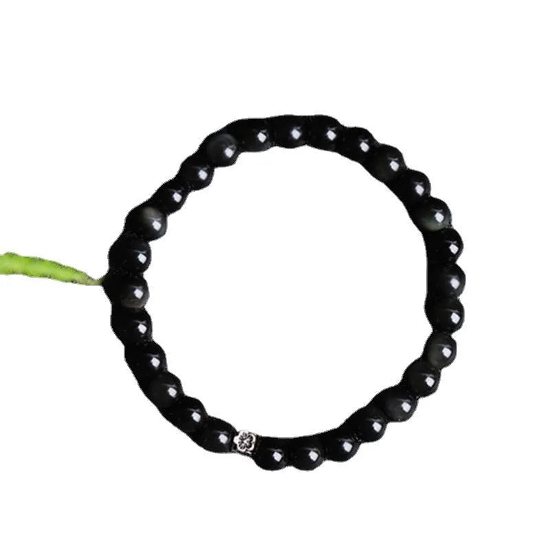 Natural obsidian bracelet with S925 silver dragon phoenix decorations and small flower accessories