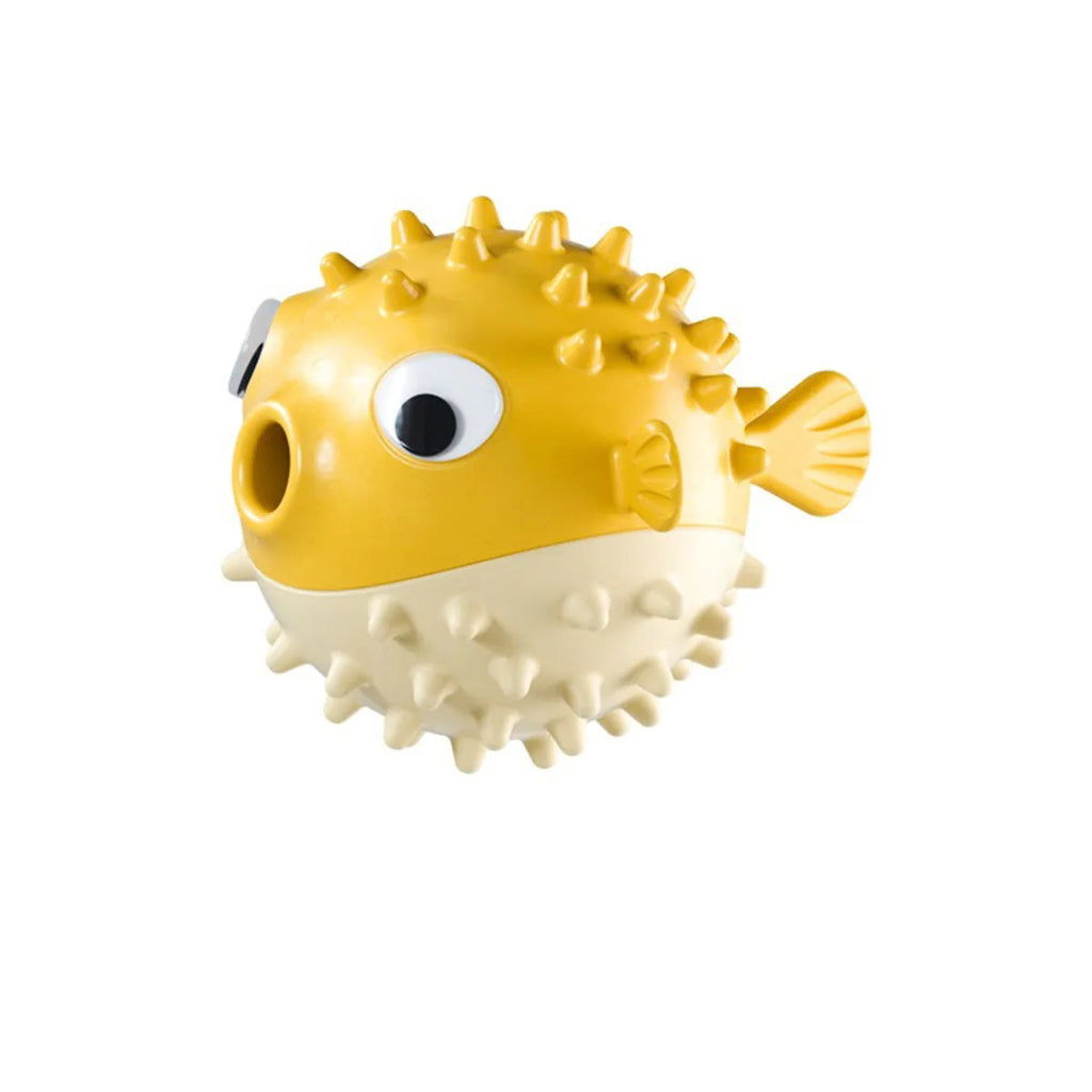 Yellow fish-shaped dog chew toy with textured surface and squeaker for aggressive chewers