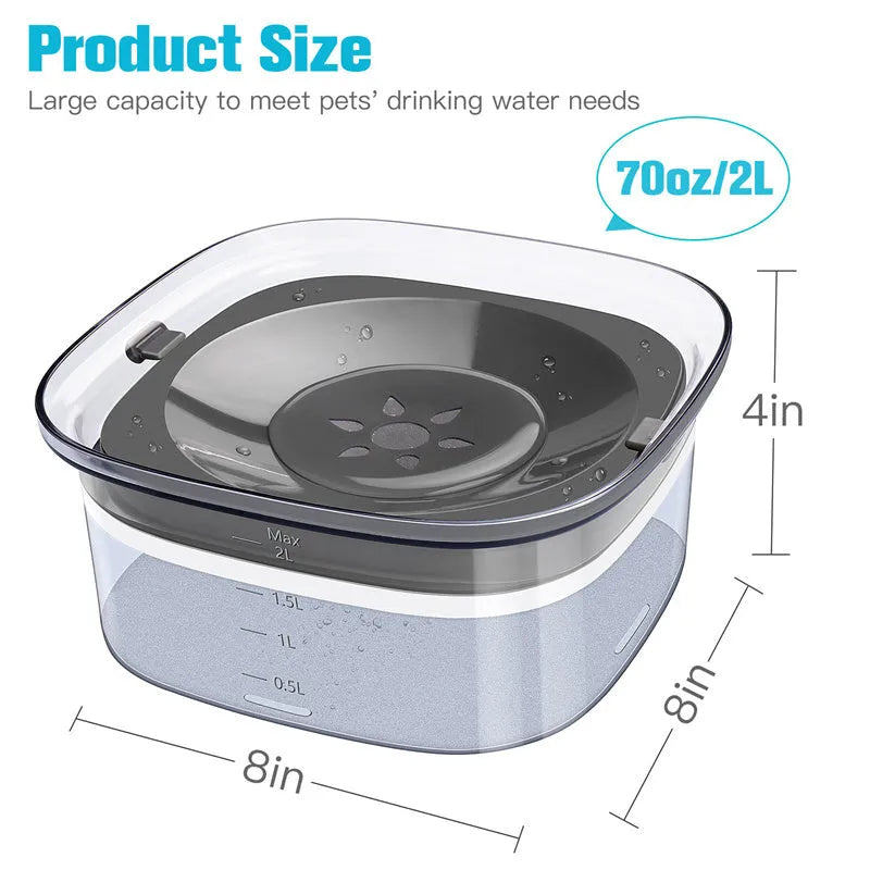Transparent plastic pet water bowl with floating disc showing water level and non-slip base