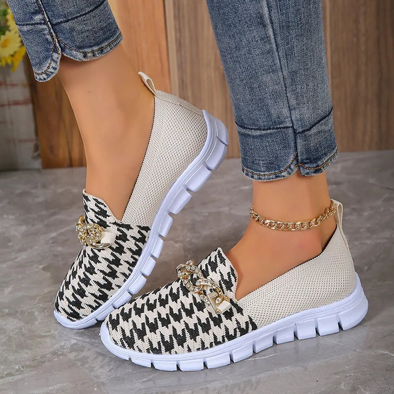 Women's casual houndstooth print chain mesh flat shoes with rubber sole and platform heel