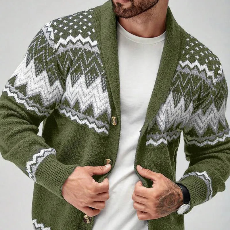 Solid colour long-sleeved knitted cardigan coat sweater in green, chemical fibre blend jacquard, front view