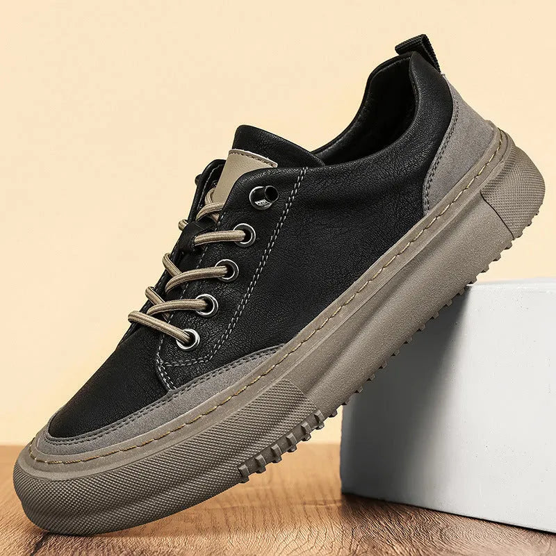 Men's black round toe leather board shoes with lace-up front and rubber sole