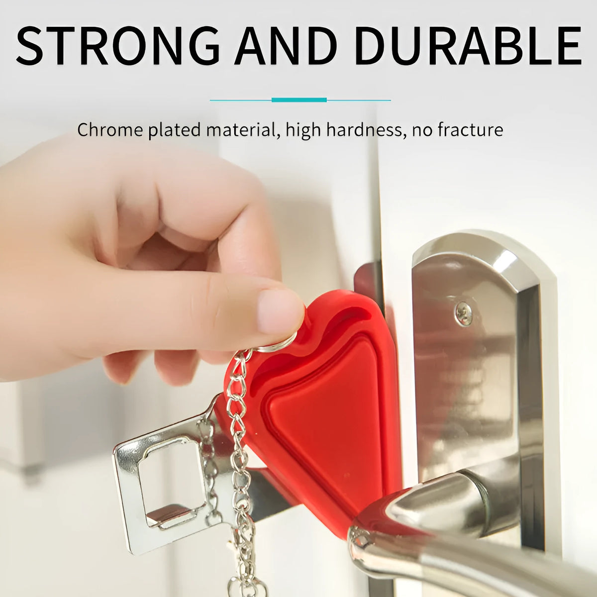 Red portable door safety latch lock with chrome plating installed on interior door jam for anti theft use