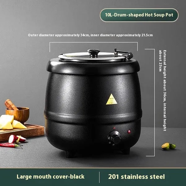Black electric heating soup pot with stainless steel interior and large mouth cover for commercial kitchen use
