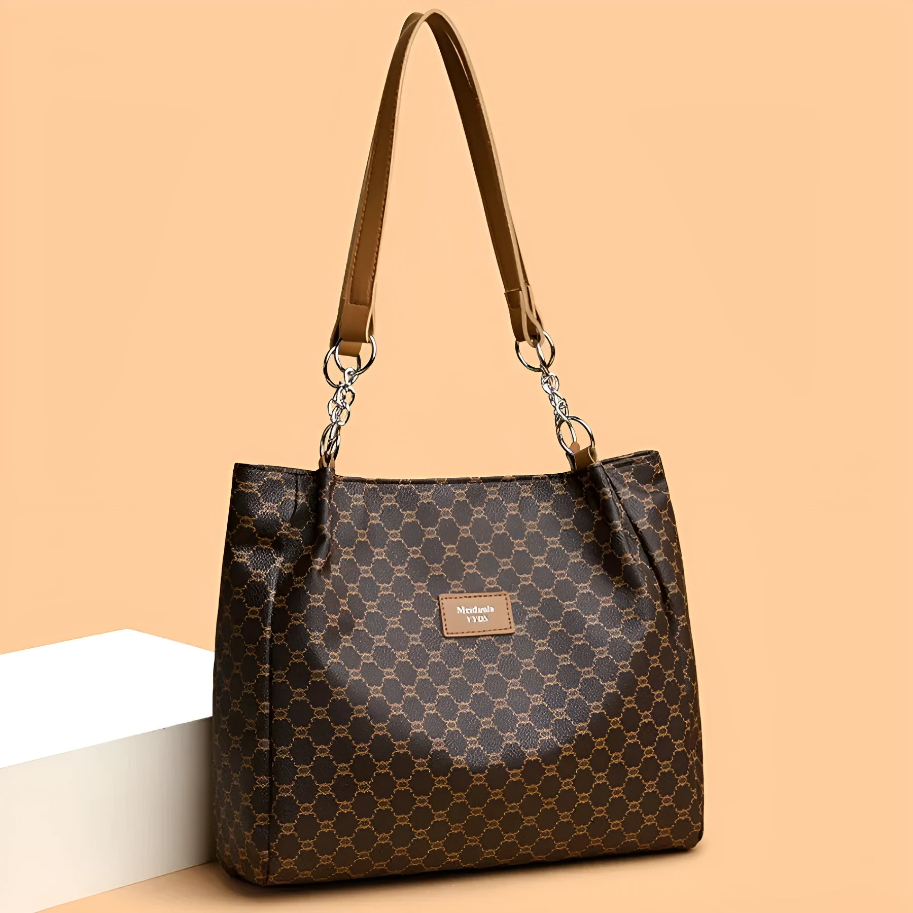 Women's retro style handbag in soft PU leather with polyester lining, shown in brown colour