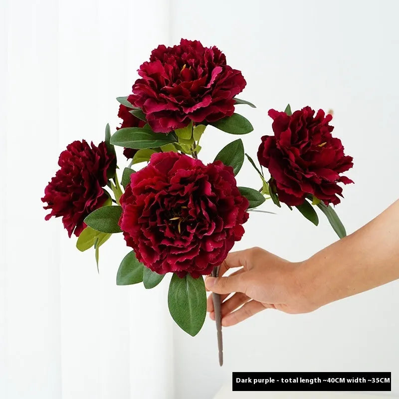 40cm artificial silk peony 5-head bouquet in light champagne colour on white background