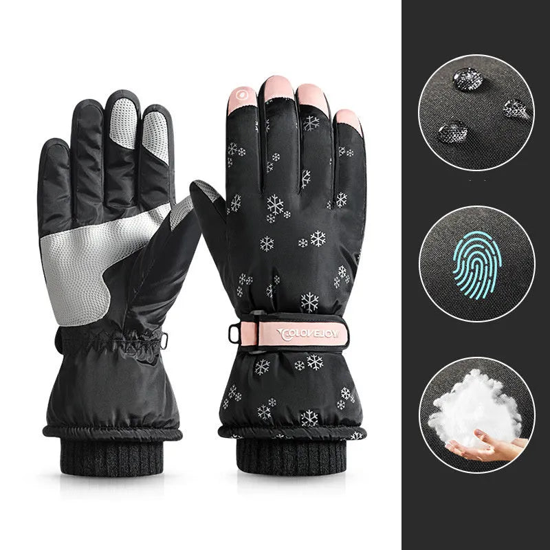 Snowflake cartoon print winter gloves, touchscreen and waterproof, one size, nylon with anti-skid palm