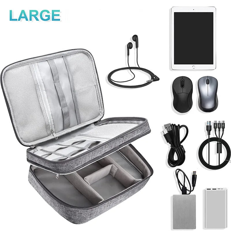 Gray waterproof double-layer electronics organizer bag with adjustable dividers and carrying handle, open to show elastic loops and mesh pockets