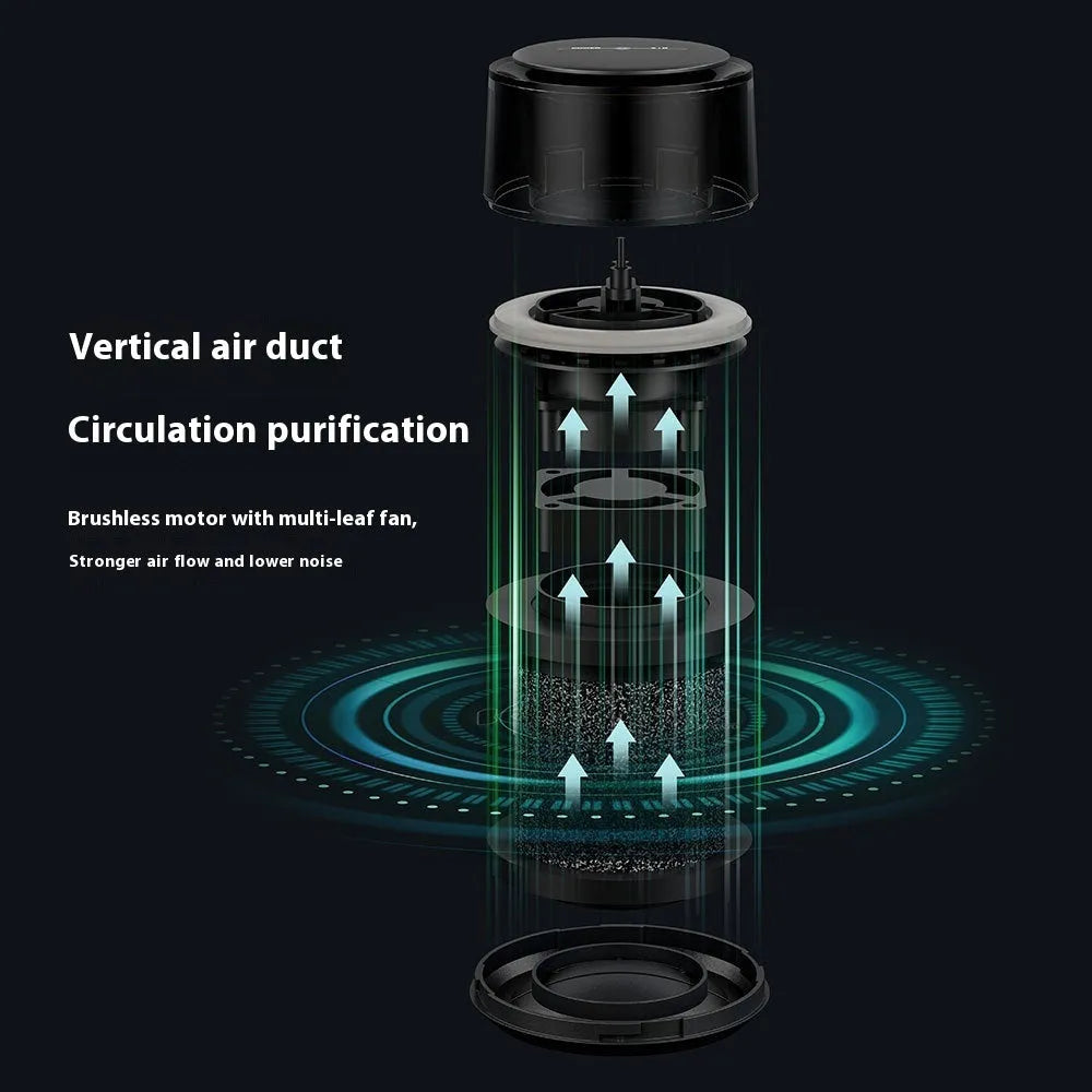 Black 5W car air purifier with horse running light and USB cable on a flat surface