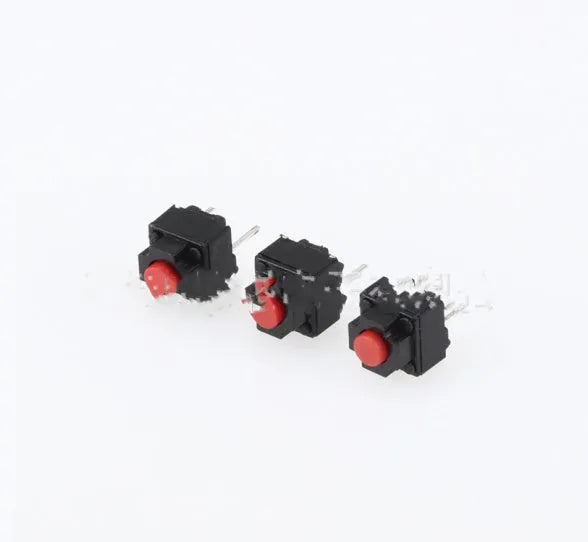 Single aluminium alloy micro tact switch with patch pins for PCB mounting.