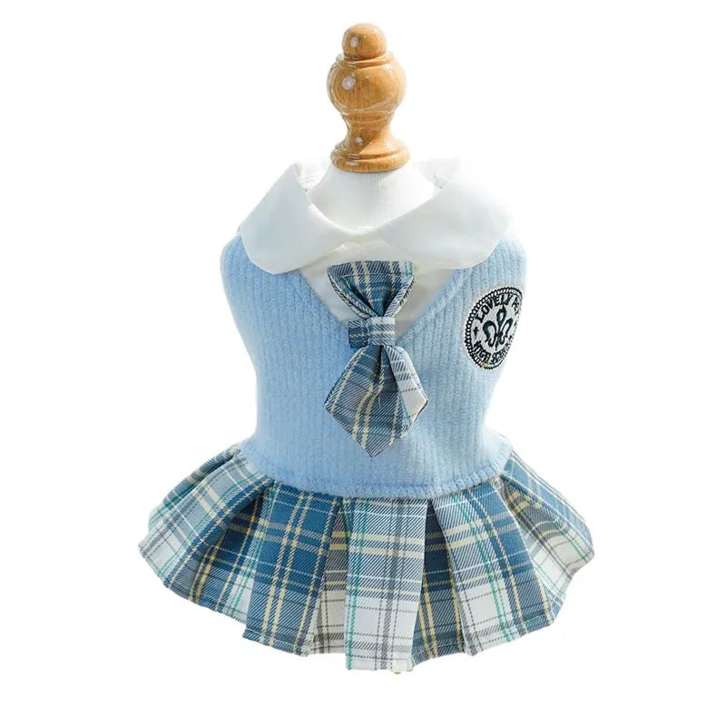 College style plaid dog dress for small dogs and cats, polyester, pink colour, available in sizes XS to XXL