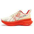 Low top running shoes in PU mesh with embroidery detail, shown in a red colourway on a rubber sole.