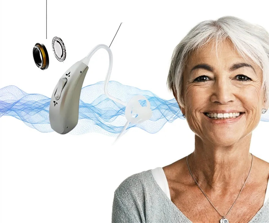 Wireless invisible hearing aid with rechargeable battery and USB charging case, available in binaural or single ear options