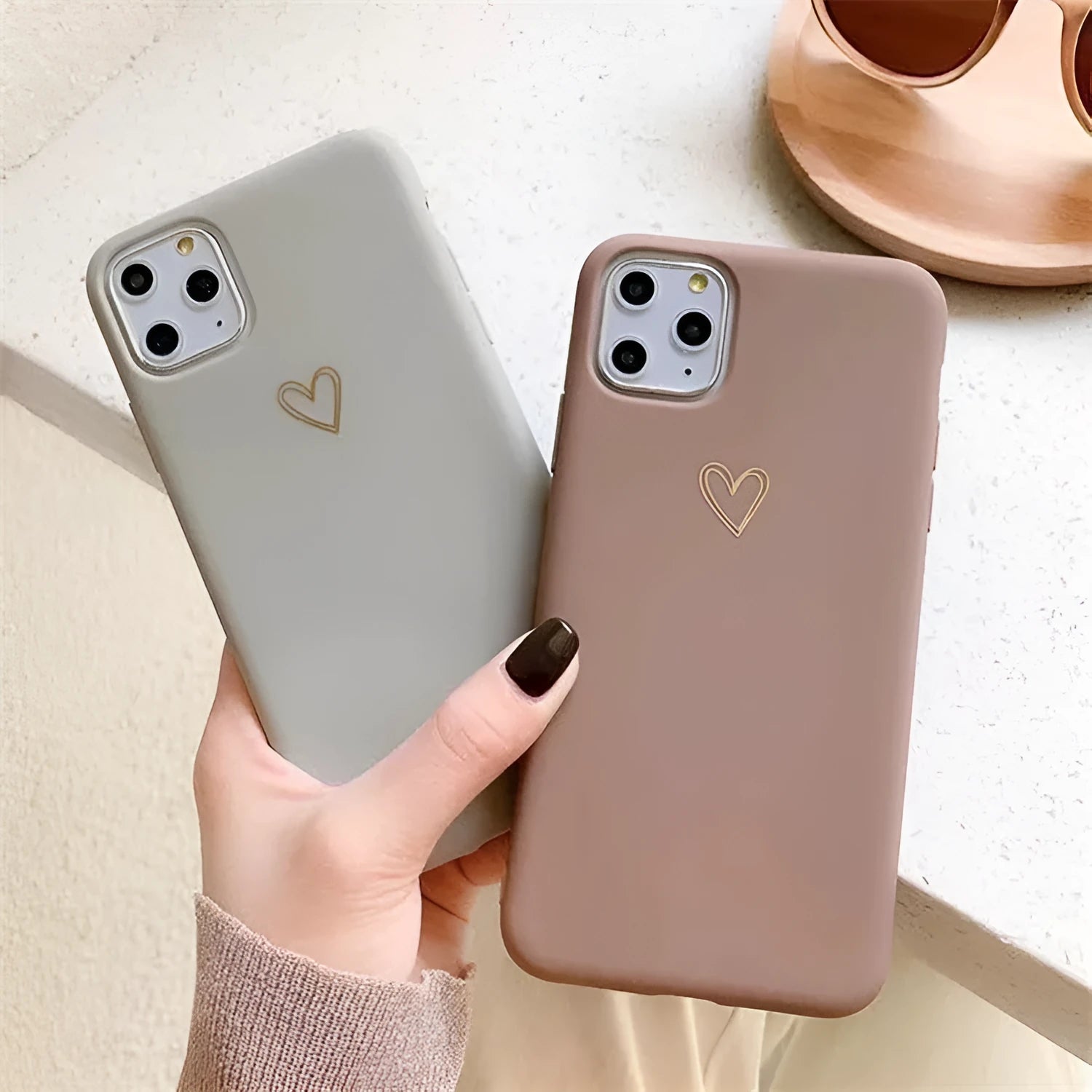 Simple hand-painted love design matte TPU iPhone case in cold wind colour with lanyard holes