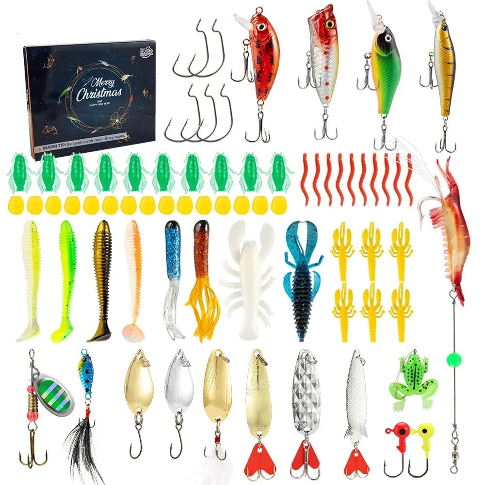 24 Christmas-themed metal fishing lures in minnow bog style with 01 colour finish