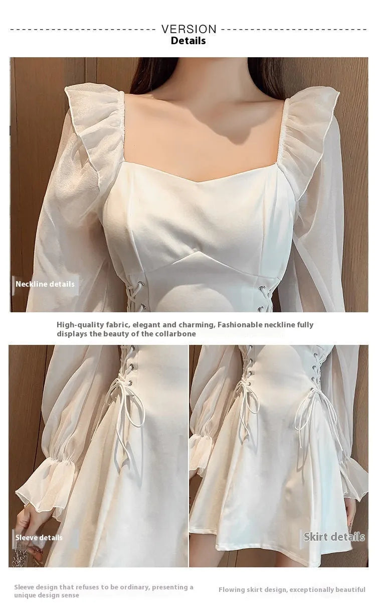 White chiffon patchwork waist-slimming long dress for women with long sleeves