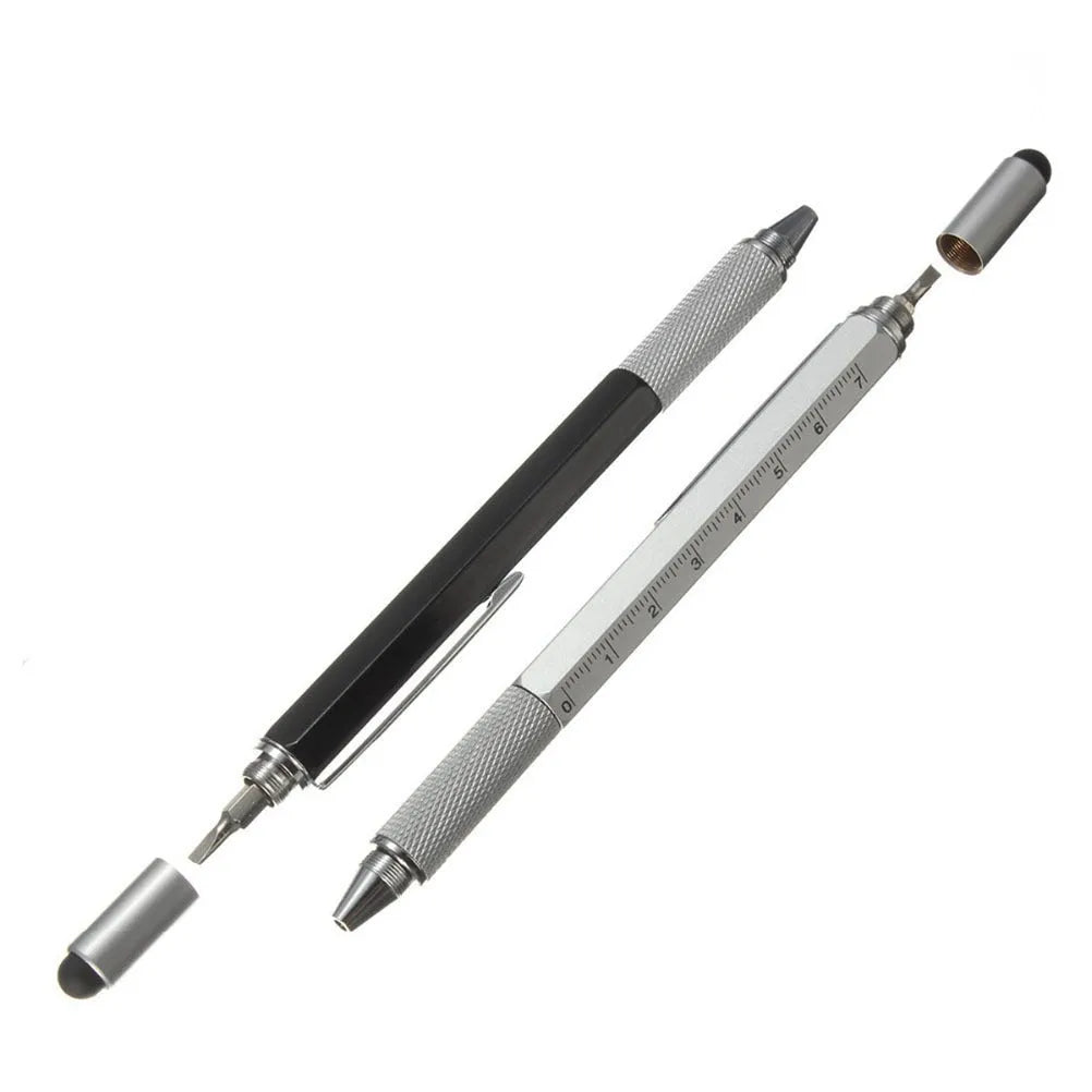 6 in 1 multi-function ballpoint pen with touch screen stylus, screwdriver tips, ruler and spirit level in black plastic