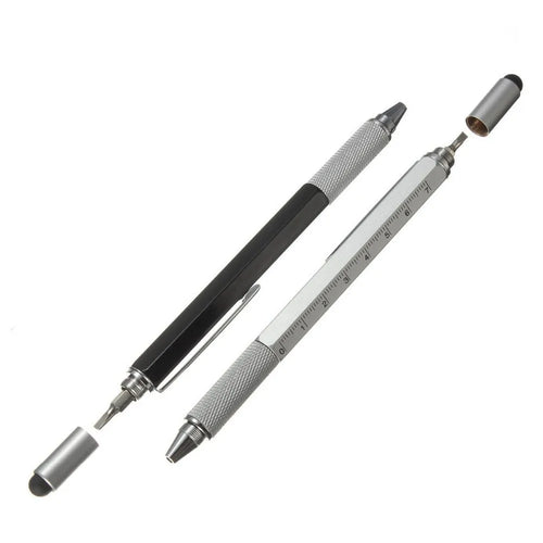 6 in 1 multi-function ballpoint pen with touch screen stylus, screwdriver tips, ruler and spirit level in black plastic