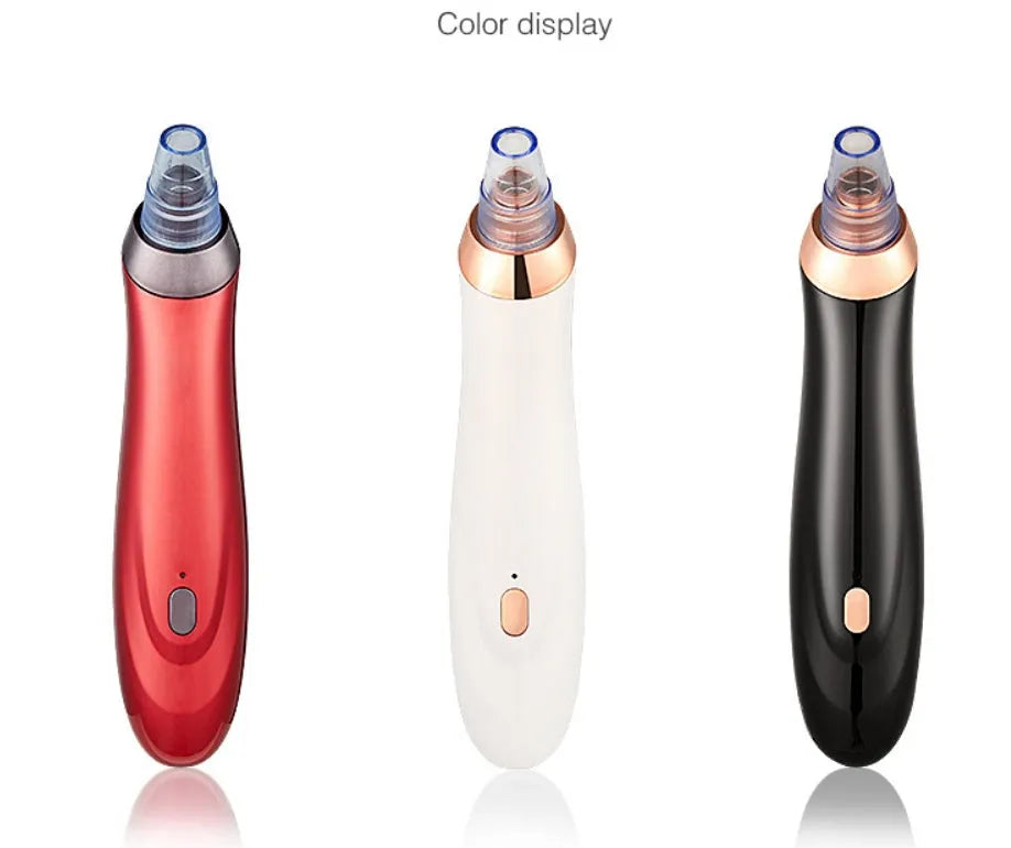 Black, gold, red, or white coloured electric blackhead removal tool with multiple nozzle tips