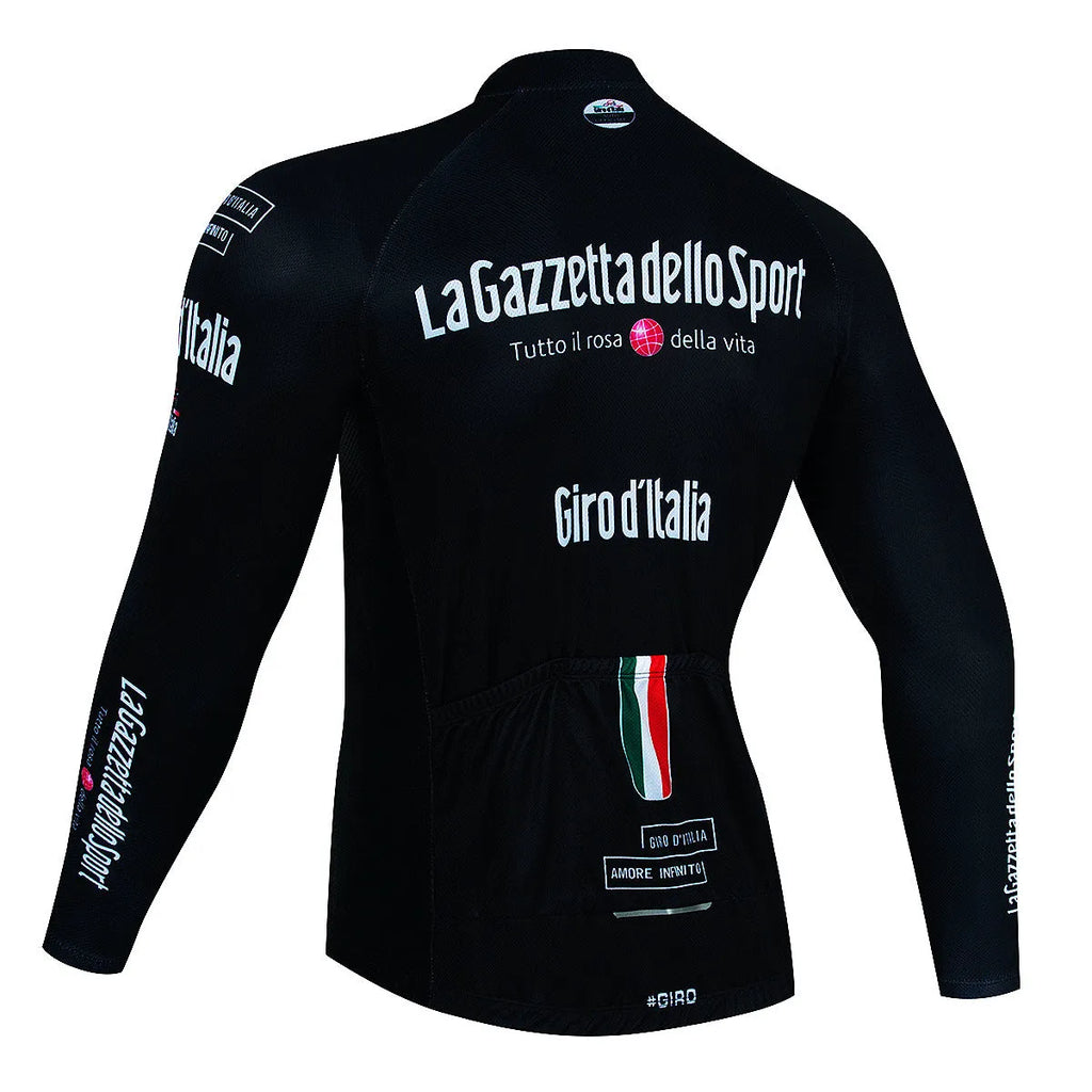 Men's long sleeve patterned cycling top for mountain biking on a mannequin.