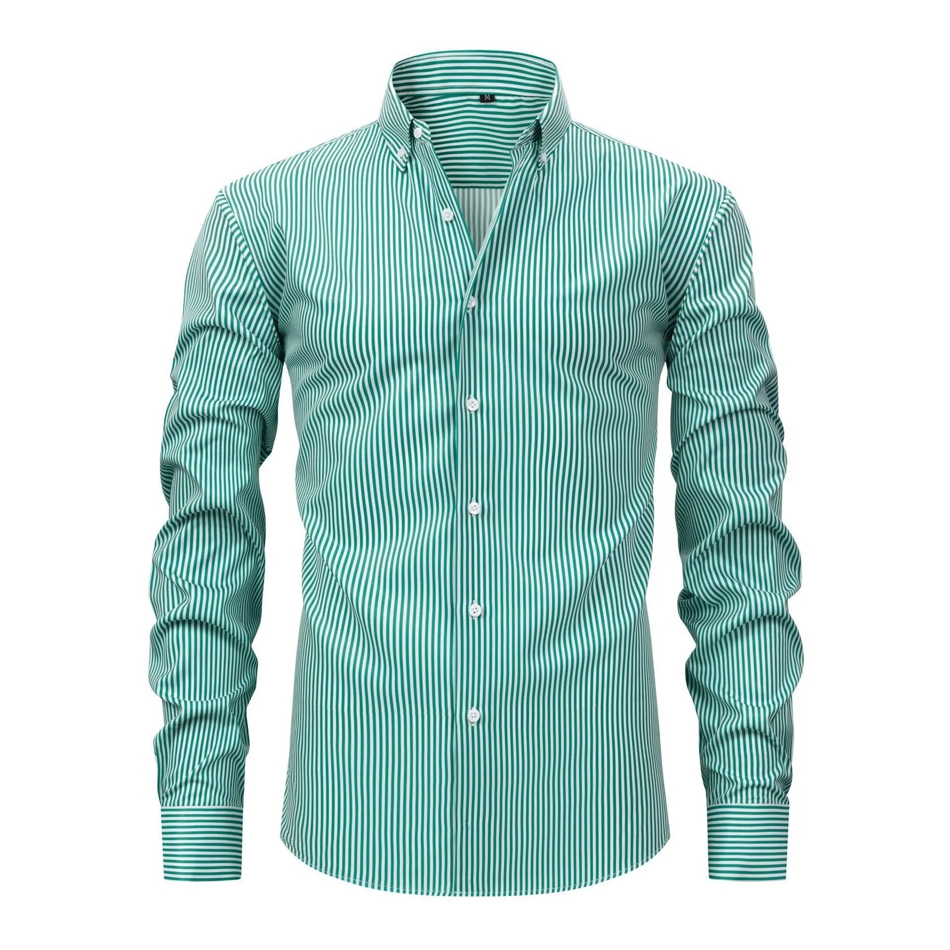 Man wearing a striped long-sleeved business casual shirt with a lapel collar.
