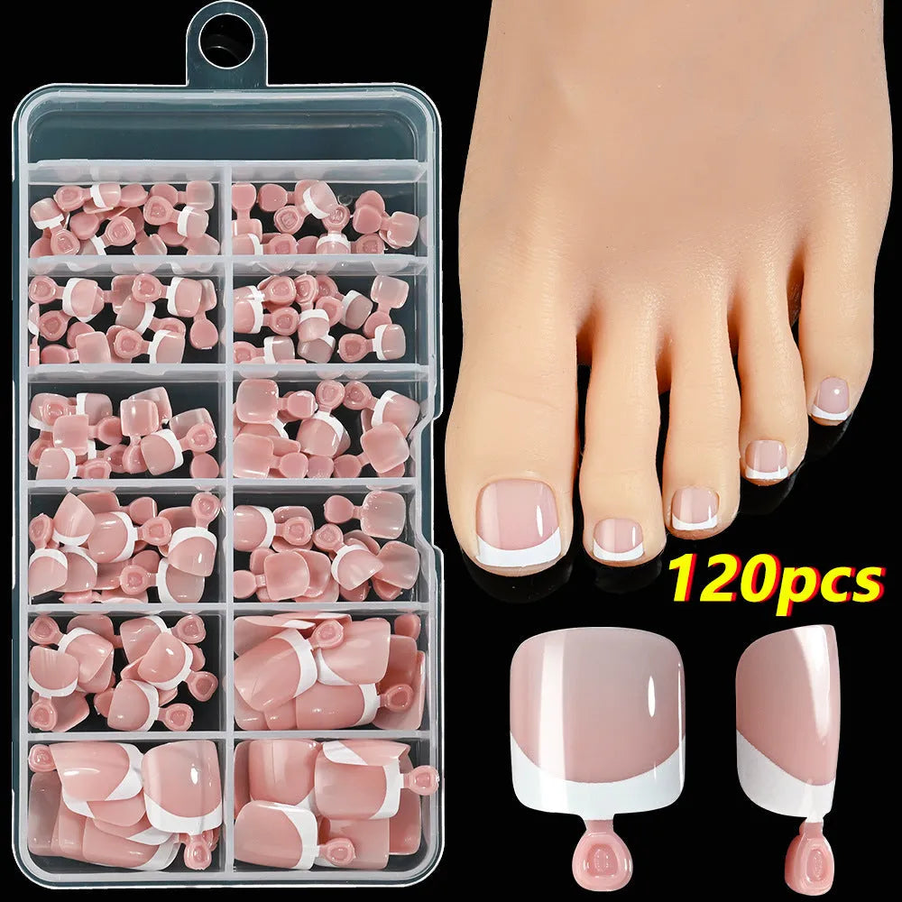 120 pieces box of French white edge short full square toe nail pieces for ladies in multiple colours