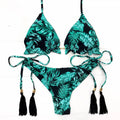 Women's green nylon split swimsuit with chest pad for beach swimming