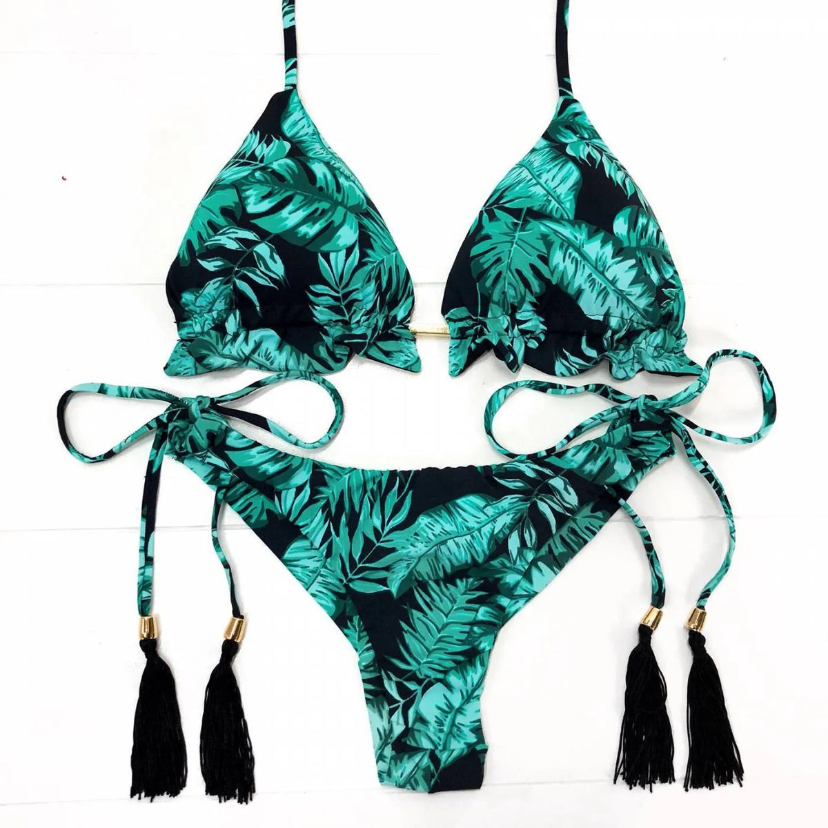 Women's green nylon split swimsuit with chest pad for beach swimming