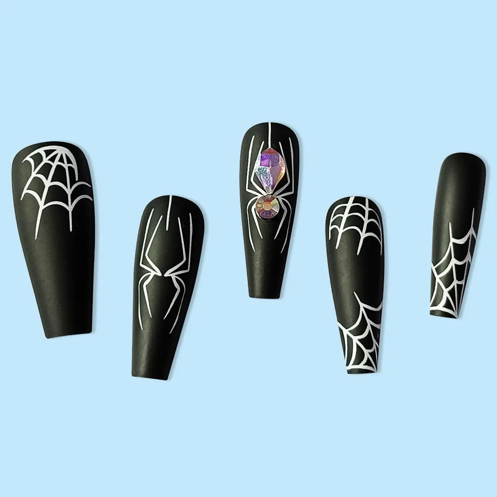 Dark Spider Halloween nail tips 24 pieces with glue, sweet cool long wearable design cartoon pattern