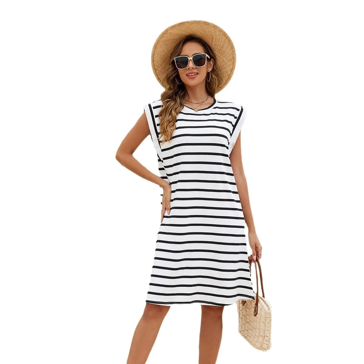 Women's black and white striped polyester beach cover-up blouse shown on model